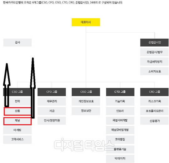 카카오뱅크 2019년말 기준 조직도. 채널파트와 상품파트를 비즈니스 조직과 서비스 조직으로 승격했다.  카카오뱅크 제공